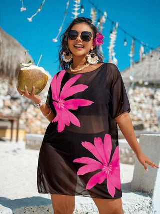 Swim Lushoire مقاس زائد للنساء، بلوزة بطبعات شبكية فضفاضة، قصيرة الأكمام، ستر للشاطئ