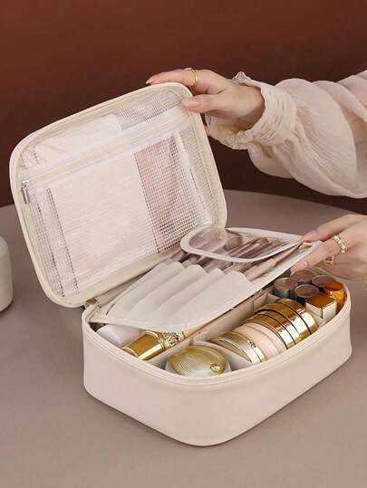 قطعة واحدة حقيبة مكياج من جلد البولي يوريثان، ذات سعة كبيرة مقاومة للماء، حقيبة منظمة للمستحضرات النسائية، حقيبة أدوات تجميل وإكسسوارات عملية للسفر، هدايا وقطع غيار للأظافر