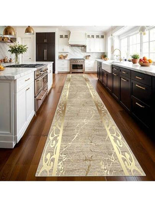 السجادة الممر القابلة للغسل ذات التموج الذهبي، سجادة المدخل و المطبخ، الممر الممر ذو اللون القديم، سجادة أرضية ناعمة لا تنزلق للمنزل الفندقي، للحمام والصالة وغرفة النوم والمطبخ وغرفة الغسيل والمدخل
