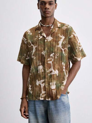 Maija قميص صيفي جديد لعام 2025 بياقة طوقية وأكمام قصيرة مفتوح الأمام بطباعة جرافيك ريترو ، ضروريات الشاطئ، ملابس عطلات، مناسب لرابع يوليو ، كاجوال، عمل، مكتب، ضيف حفل زفاف، حفلات، تخرج