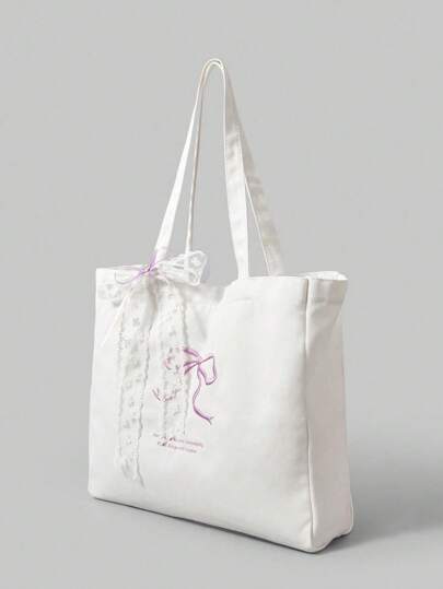 ROMWE Kawaii حقيبة كانفاس فاخرة مطرزة بشريطة فيونكة + قلاده شريطة فيونكة جميلة، حقيبة يد للنساء