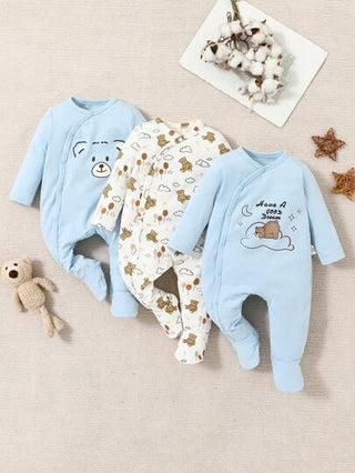 SHEIN رومبير رضيع ولد طويلة الأكمام مطبوعة عليها صورة دب، زر مائل، لينة وصديقة للبشرة