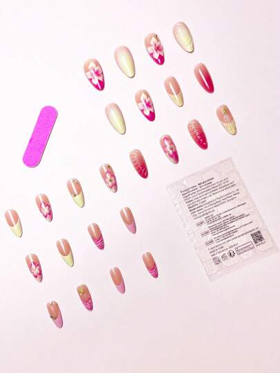 24 قطعة/طقم من الأظافر الوهمية الزهرية ثلاثية الأبعاد بطراز المحيط الأنيق بشكل لوز على شكل مانيكير فرنسي، يأتي مع جيل هلامي وملف أظافر لإضافة لمسة رومانسية، مناسبة للمواعدة اليومية لتجعلك تبدين جميلة