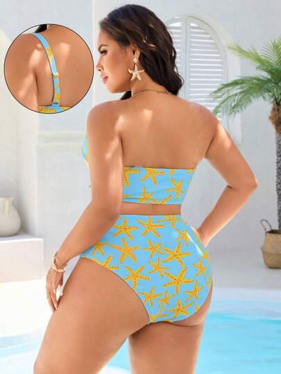 SHEIN Swim Curve بكيني بطبعة نجمة البحر والديكور، للنساء ذوات الأحجام الكبيرة ، للارتداء على الشاطئ