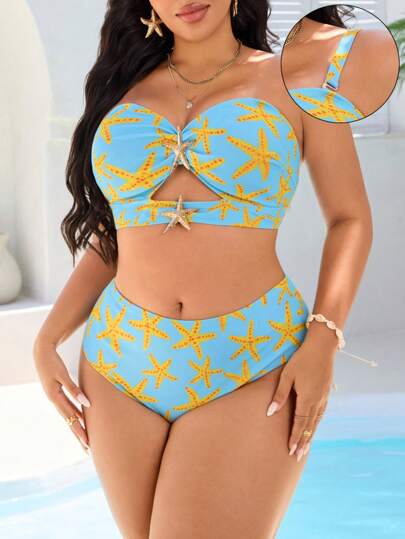 SHEIN Swim Curve بكيني بطبعة نجمة البحر والديكور، للنساء ذوات الأحجام الكبيرة ، للارتداء على الشاطئ
