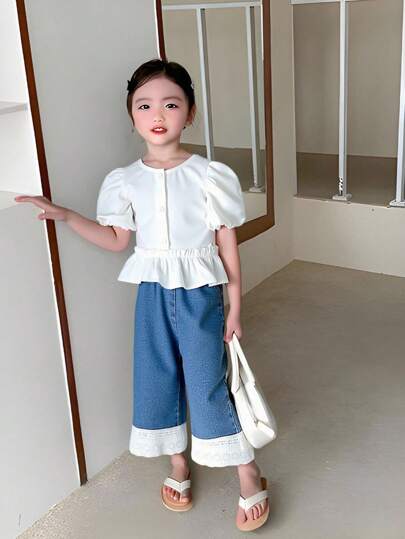 تيشيرتات بناتي Genkimix Kids مجموعة من قميص محصول الأكمام منتفخة والياقة المربعة للفتاة البسيطة وبنطال جينز مستقيم ذات خصر مطاطي مزين بزهور مطرزة 2 قطعة