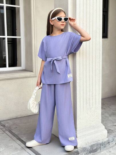 تيشيرتات بناتي مجموعة بلوزة ومرايل شبكيه ذات ربطة الخصر وكتف منسدل مطبوعة برسومات الحروف، (جيرسي نوفا) للفتيات في سن المراهقة ،لوك كاجوال مناسب للربيع والسفر والعطلات