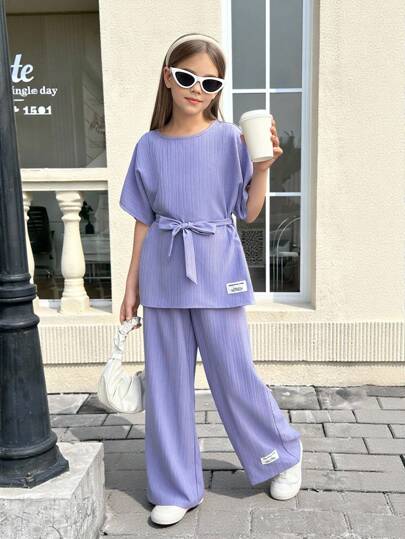 تيشيرتات بناتي مجموعة بلوزة ومرايل شبكيه ذات ربطة الخصر وكتف منسدل مطبوعة برسومات الحروف، (جيرسي نوفا) للفتيات في سن المراهقة ،لوك كاجوال مناسب للربيع والسفر والعطلات