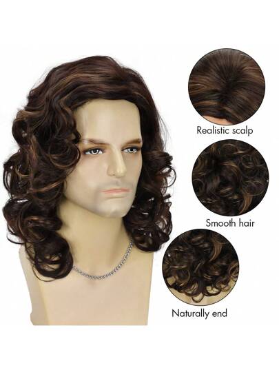 باروكة رجالية طول 16 بوصة، ذات موجات كبيرة مجعدة مصنوعة من ألياف كيميائية مع غرة ، باروكة اصطناعية للرجال عصرية مناسبة للاستخدام اليومي أو حفلات الأعياد كعيد الأب أو هالوين أو الكرنفالات والمهرجانات الموسيقية