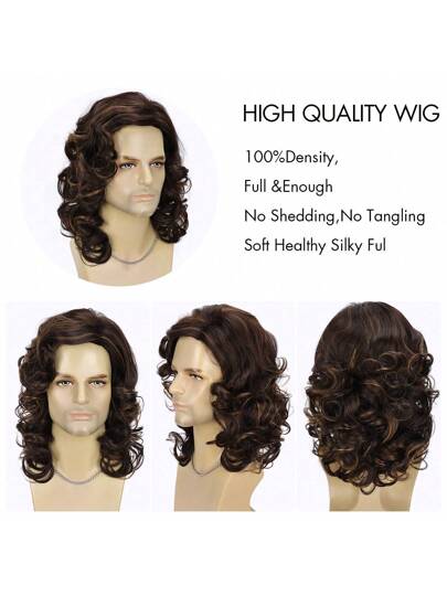 باروكة رجالية طول 16 بوصة، ذات موجات كبيرة مجعدة مصنوعة من ألياف كيميائية مع غرة ، باروكة اصطناعية للرجال عصرية مناسبة للاستخدام اليومي أو حفلات الأعياد كعيد الأب أو هالوين أو الكرنفالات والمهرجانات الموسيقية