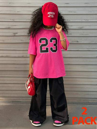 girls-sets Coolane طقم بنطلون وتي شيرت مكون من قطعتين للبنات مراهقات، تي شيرت برقم وبنطلون كارجو، لملابس الشارع الصيفية