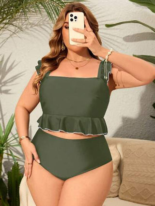 Swim Lushoire مجموعة بكيني قطعتين بشريط ملون كتل لوحدات اللون وكشكشة على الهيم للمرأة البدينة، فساتين شاطئ/منتجع صيفي