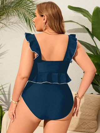 Swim Lushoire مجموعة إجازة على الشاطئ لباس السباحة من قطعتين للمرأة مقاسات كبيرة، بيكيني ذو قصة مكشكشة في الأطراف بألوان متباينة، بحمالات صلبة اللون