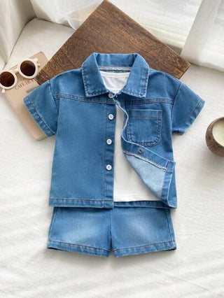Vintaside Kids 3 قطع لملابس أطفال صبيان: قميص جينز قصير الأكمام ذو ياقة، وتي شيرت، وشورت. مناسب للأنشطة الخارجية والارتداء اليومي في الربيع والصيف