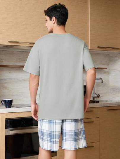 2 قطعة بيجامة رجالي بأكمام قصيرة لون رمادي بسيطة، ملابس منزلية مريحة، توبتقصيرة الأكمام وشورت مربع الطباعة