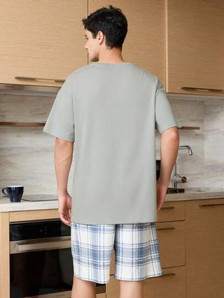 2 قطعة بيجامة رجالي بأكمام قصيرة لون رمادي بسيطة، ملابس منزلية مريحة، توبتقصيرة الأكمام وشورت مربع الطباعة