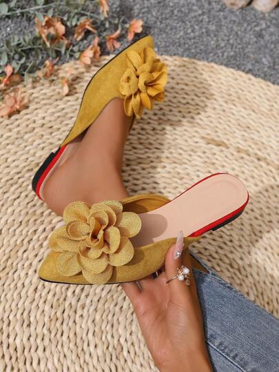زوج من الصنادل المسطحة المزينة بالزهور ذات اللون الأحادي للنساء، أحذية مريحة بطراز بوهيمي ملائمة للفساتين والبناطيل والشاطئ والخارج والحفلات والمكاتب المنزلية، للاستخدام في الربيع والخريف