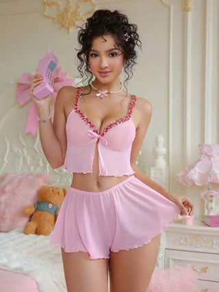 PetitDoll مجموعة من قطعتين ملابس داخلية شفافة مطرزة بزهور للنساء ، كاواييي