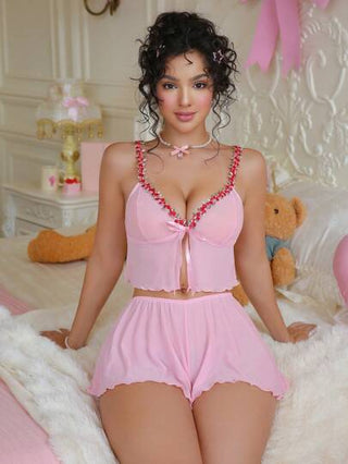PetitDoll مجموعة من قطعتين ملابس داخلية شفافة مطرزة بزهور للنساء ، كاواييي