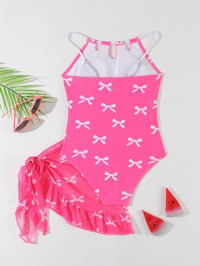 بدلة سباحة قطعة واحدة للبنات المراهقات، مطبوع بطبعة الفراشة مع جزءين مرتبطين ببعضهما البعض بالشبكة، طقم كاجوال