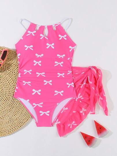 بدلة سباحة قطعة واحدة للبنات المراهقات، مطبوع بطبعة الفراشة مع جزءين مرتبطين ببعضهما البعض بالشبكة، طقم كاجوال