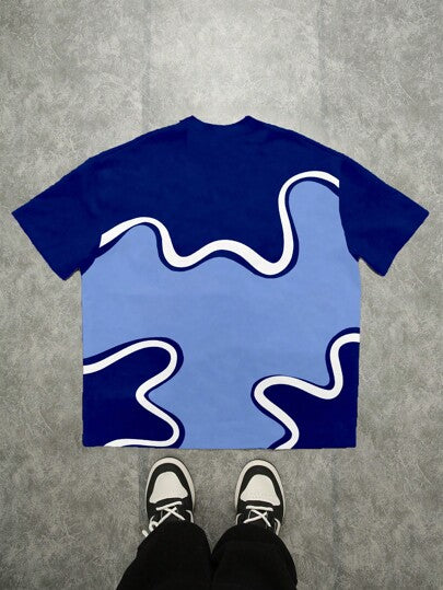 SHEIN قميص تي شيرت أكمام قصيرة عنق دائري مناسب للصبية المراهقين، تصميم محايد بطباعة لوحة الألوان المنحنية،علامة نجمتين مزدوجة، مناسب للصيف والأنشطة الخارجية والسفر والموضة الشارعية والشاطئ والمنتجعات