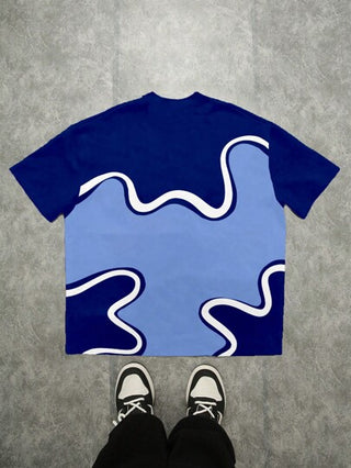 SHEIN قميص تي شيرت أكمام قصيرة عنق دائري مناسب للصبية المراهقين، تصميم محايد بطباعة لوحة الألوان المنحنية،علامة نجمتين مزدوجة، مناسب للصيف والأنشطة الخارجية والسفر والموضة الشارعية والشاطئ والمنتجعات