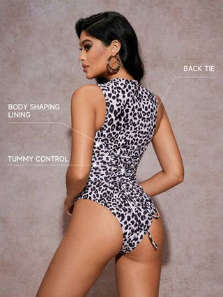 مايوه حريمي قطعة واحدة Shapewave ملابس سباحة قطعة واحدة ذو سحاب نسائية مشكلة للجسم ذات طبعة نمر مناسبة للصيف والشاطئ