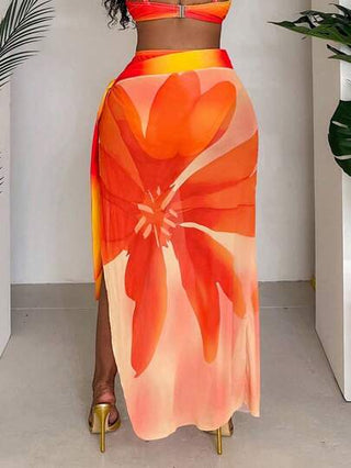 Slaydiva بيكيني سفلي مثلث بخصر عالٍ وتنورة طويلة شفافة للنساء بمقاسات كبيرة، مطبوع عليه زهور برتقالية، مناسب للعطلات والارتداء اليومي، مكون من قطعتين.