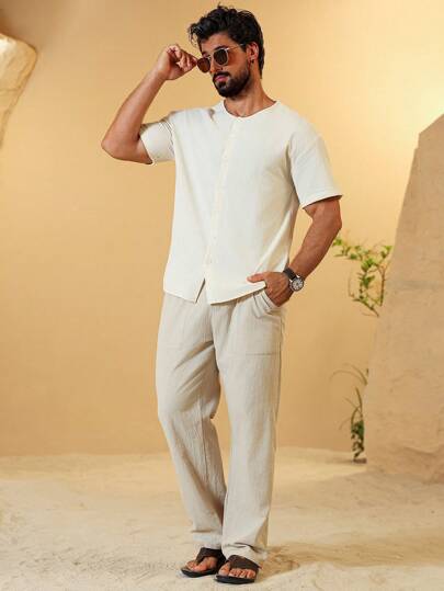 Manfinity Nomadique قميص قصير فضفاض ذو رقبة مستديرة وأزرار للرجال ، قمصان شاطئ للرجال ، ملابس للأجازات للرجال