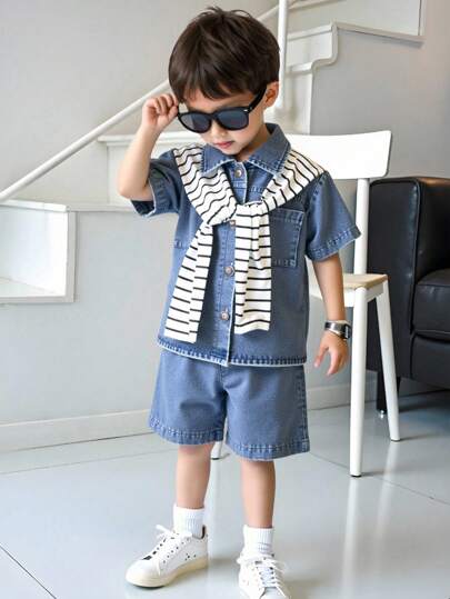 Genkimix Kids مجموعة طفل صبي تضم 2 قطعة بلوزة جينز قصيرة الأكمام مع طوق ومعطف بيضاوي ملون بخطوط البحرية للبحار، مريحة