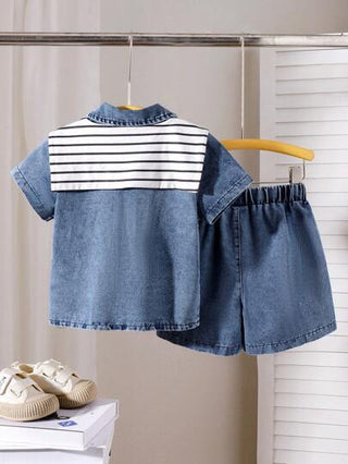 Genkimix Kids مجموعة طفل صبي تضم 2 قطعة بلوزة جينز قصيرة الأكمام مع طوق ومعطف بيضاوي ملون بخطوط البحرية للبحار، مريحة