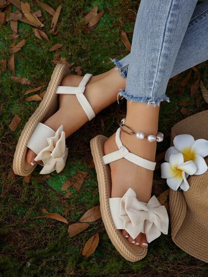 شبشب صيفي كاجوال بمقاس إضافي للمرأة مريح وبسيط برباط إلاستيكي مزخرف بفيونكة، برؤوس مستديرة شبشب للاستخدام في الشاطئ