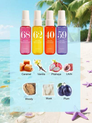 مجموعة صيفية صغيرة للنساء، بخاخ شعر منعش، 40 مل/1.35 أونصة سائلة. عطر صغير برائحة جوز الهند ومسك الروم والفانيليا والعنبر، مناسب للسفر والحفلات الشاطئية والمناسبات. 40 مل - رقم المنتج
