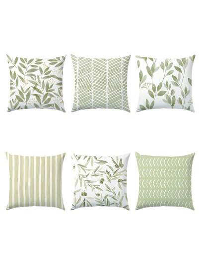 6 أغطية وسائد مطبوعة بطراز هندسي ورقي أخضر بسيط، مصنوعة من خامة الفلانيل المرجاني أحادية الجانب، بمقاس 45*45 سم/18*18 بوصة، لوسائد أريكة القماش الحديث، ديكور المنزل، زينة الحفلات، هدية