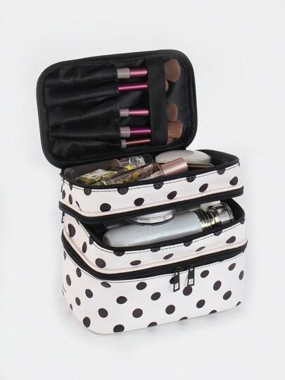 DOMINATE حقيبة مكياج متعددة الوظائف من 3 طبقات ذات نقشة نقاط بيضاء وسوداء من طراز Y2K، سعة كبيرة