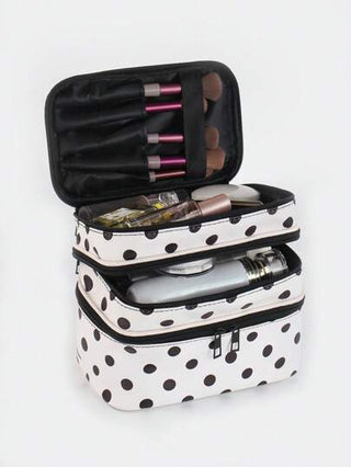 DOMINATE حقيبة مكياج متعددة الوظائف من 3 طبقات ذات نقشة نقاط بيضاء وسوداء من طراز Y2K، سعة كبيرة