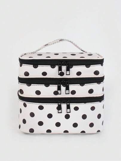 DOMINATE حقيبة مكياج متعددة الوظائف من 3 طبقات ذات نقشة نقاط بيضاء وسوداء من طراز Y2K، سعة كبيرة