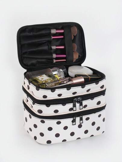 DOMINATE حقيبة مكياج متعددة الوظائف من 3 طبقات ذات نقشة نقاط بيضاء وسوداء من طراز Y2K، سعة كبيرة