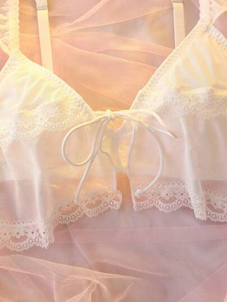 DelicateAllure صدرية نسائية مكشكشة مزينة بالدانتيل باللون المتباين والربطة الأمامية، كاواي