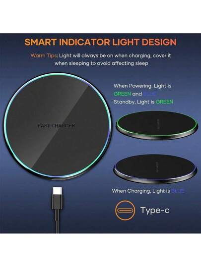 شاحن لاسلكي سريع، وسادة شحن لاسلكي بقوة 15 وات متوافقة مع هواتف آي فون 16/15/14/13/12/SE/11/11 برو/XS ماكس/XR/X/8، وسادة شحن لاسلكي متوافقة مع هواتف جالاكسي S23/S22/نوت، و Pixel/G8 7