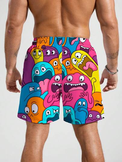 Manfinity Swimmode صندل رجالي ذو رسومات كرتونية وخصر مرن بحبل ربط وجيوب للشاطئ