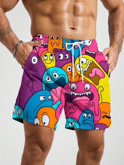 Manfinity Swimmode صندل رجالي ذو رسومات كرتونية وخصر مرن بحبل ربط وجيوب للشاطئ