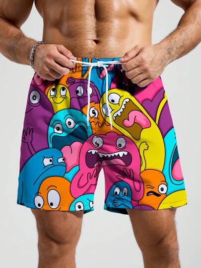 Manfinity Swimmode صندل رجالي ذو رسومات كرتونية وخصر مرن بحبل ربط وجيوب للشاطئ