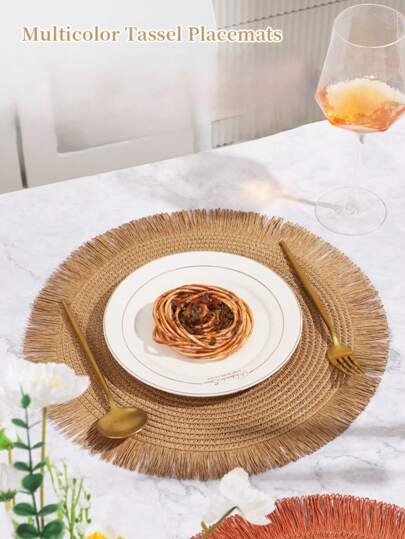 1/4/6/12 قطعة أطباق لتقديم الطعام بطراز بوهيمي، محبوكة بلون بيج ثابت، أطباق منزلية/مطبخ/طاولة الطعام، وبطانات مضادة للانزلاق وعازلة للحرارة، مناسبة للأعياد والاجتماعات والأعياد وحفلات المنزل، ديكور لكافة المواسم