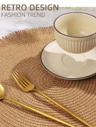 1/4/6/12 قطعة أطباق لتقديم الطعام بطراز بوهيمي، محبوكة بلون بيج ثابت، أطباق منزلية/مطبخ/طاولة الطعام، وبطانات مضادة للانزلاق وعازلة للحرارة، مناسبة للأعياد والاجتماعات والأعياد وحفلات المنزل، ديكور لكافة المواسم