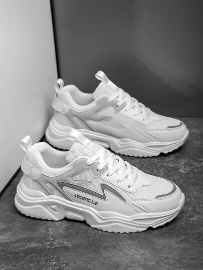 أحذية رياضية بتصميم شبكي بتقسيمات لونية وشريط ربط للرجال، للأنشطة الخارجية، أحذية تريننج مريحة للموسم للمراهقين والأزواج، متعددة الاستخدامات للارتداء اليومي، مقاسات كبيرة