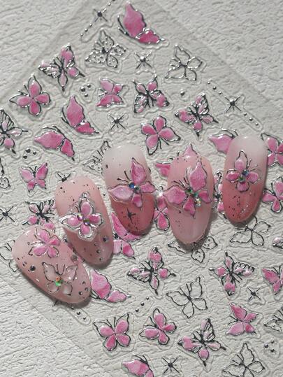 ملصقات فن أظافر فراشة هلامية فضية جديدة ذات تجسيم ثلاثي الأبعاد بنمط فراشة وردية مُتدفقة كالجنية من الطراز الراقي، مناسبة للاستخدام الشخصي DIY وصالون الأظافر