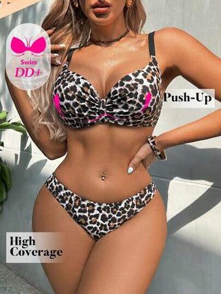 طقم تانكيني حريمي Swim DD+ مجموعة بدلة سباحة للنساء بحزام رفيع وتنورة قصيرة طبعة نمر، سلسلة DD، مناسبة للصيف والشاطئ