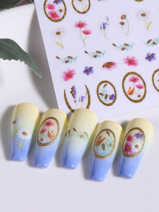 ملصقات فنية لأظافر بتصميم زهور الترتر الذهبي، 8 قطع، بألوان ذهبي وزهري وبنفسجي، بتلات زهور ملونة، خطوط فرنسية، أقحوان، أوراق، فراشات، حرف، ورد، ديكور أظافر ربيعي وصيفي أنيق بطراز Y2K، مستلزمات الديكور